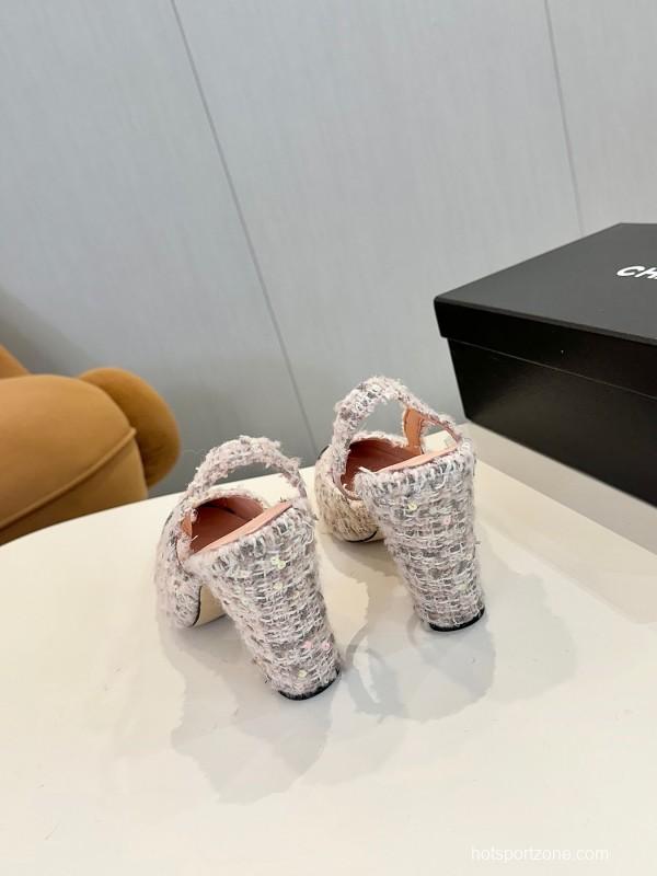 2025 Women Chanel Black White Tweed Leather Slingback Block Heel LY00270