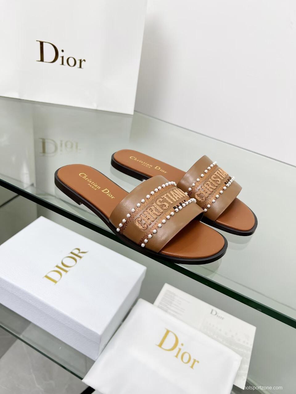 2025 Slippers Dior Brown Leather Women Slide Pearl LY00190