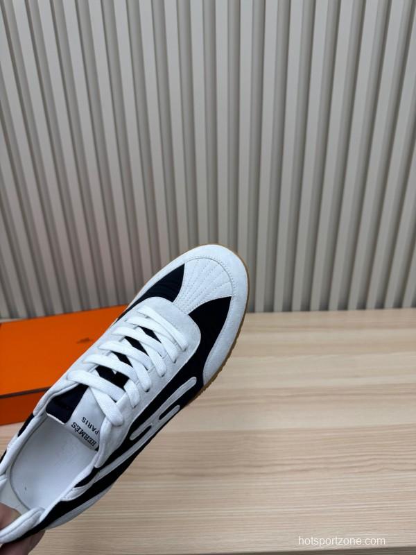 2025 Unisex Hermès White Black Suede Goat Leather Sneakers Top Version KFY00300