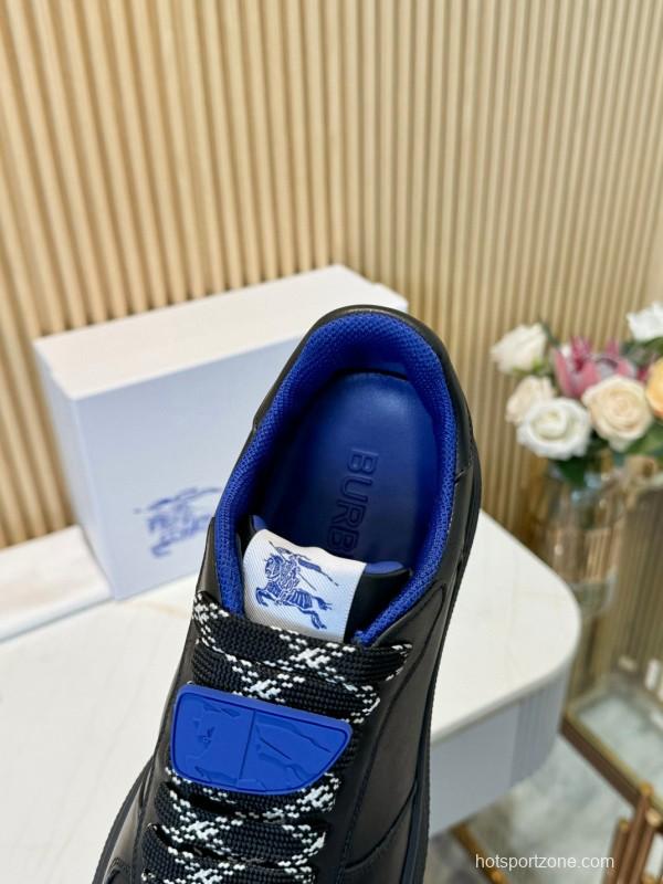 2024 Men BURBERRY Black Blue Calf Leather Sneakers MJ00330