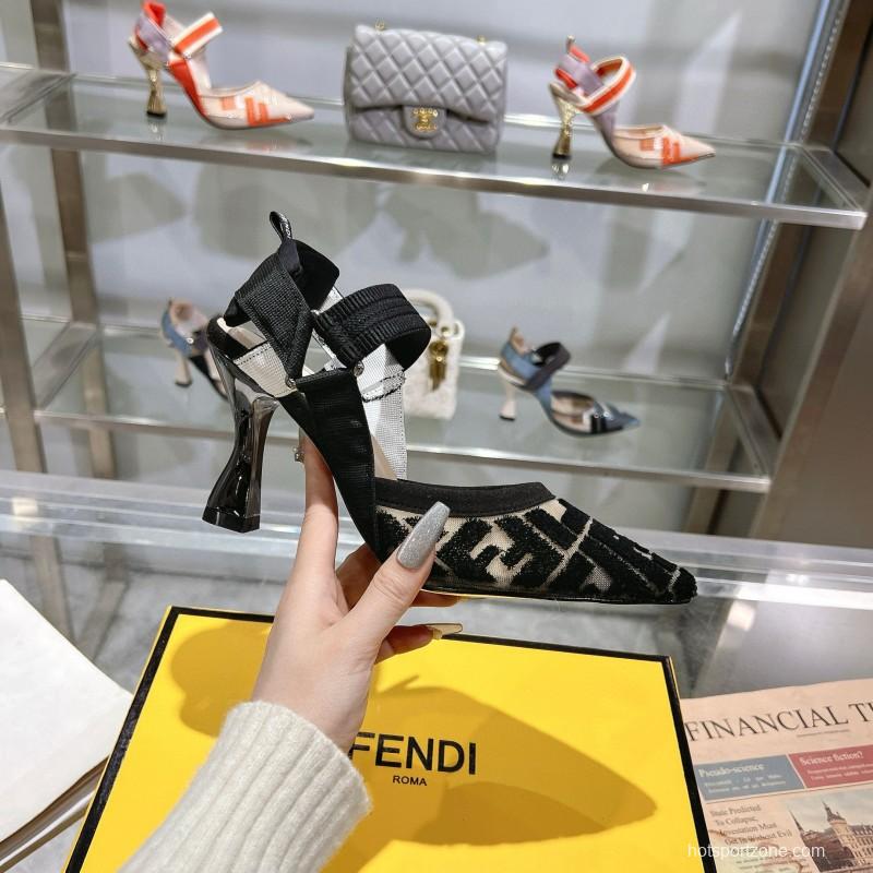 2025 Women Fendi Black Beige Fabric Leather High Heel MJ00280