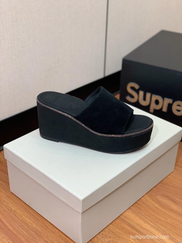 2025 Women BRUNELLO CUCINELLI Black Suede Platform Slide Sandals Casual Craftsmanship KFY00275(F)