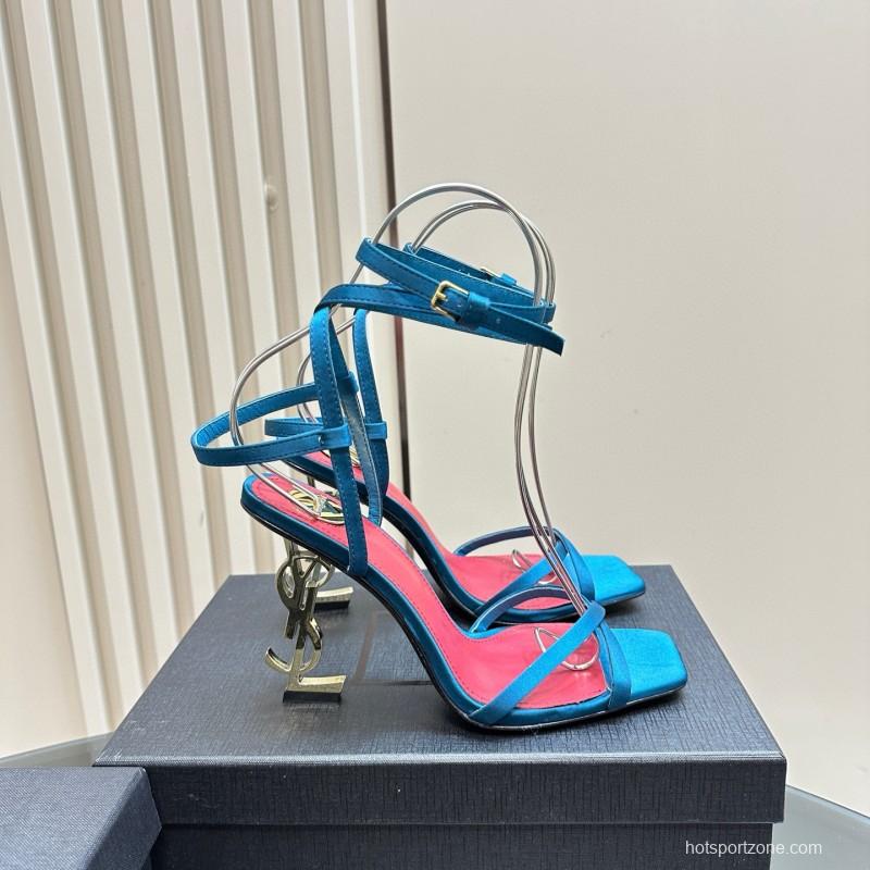 2025 Women Yves Saint Laurent Blue Satin Heeled Sandals MJ00290