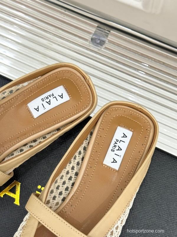 2025 Slippers ALALIA Beige Mesh Leather Flat Buckle