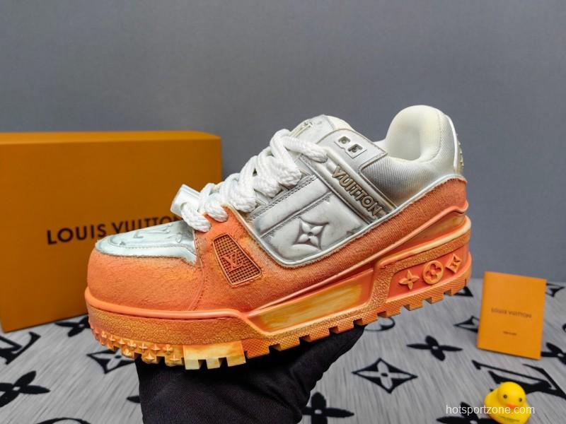 2025 Unisex Louis Vuitton Orange White Denim Leather Plimsolls Complex Wash KFY00510