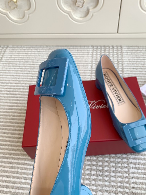 2025 Women Roger Vivier Blue Patent Leather Ballet Flat Square Buckle KFY00310
