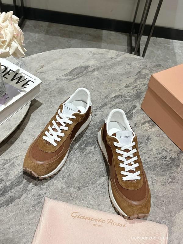 2025 Unisex Gianvito Rossi Brown White Leather Suede Mesh Sneakers KFY00340