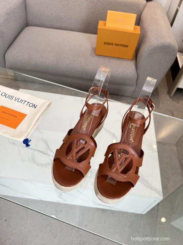 2025 Women Louis Vuitton Brown Leather Espadrille Wedge Sandals MJ00280