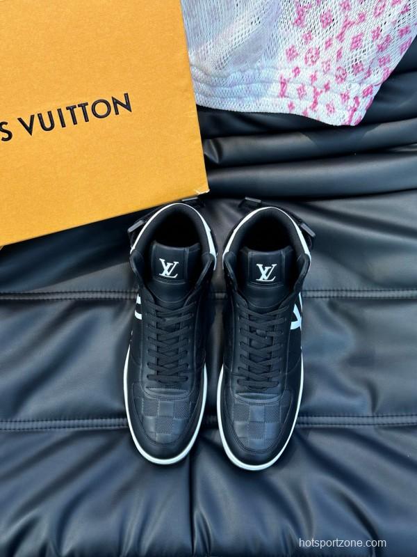 2024 Men Louis Vuitton Black White Leather High-Top Sneakers MJ00420