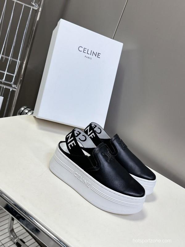 2025 Women CELINE Black White Leather Slip-On Sneakers LY00280