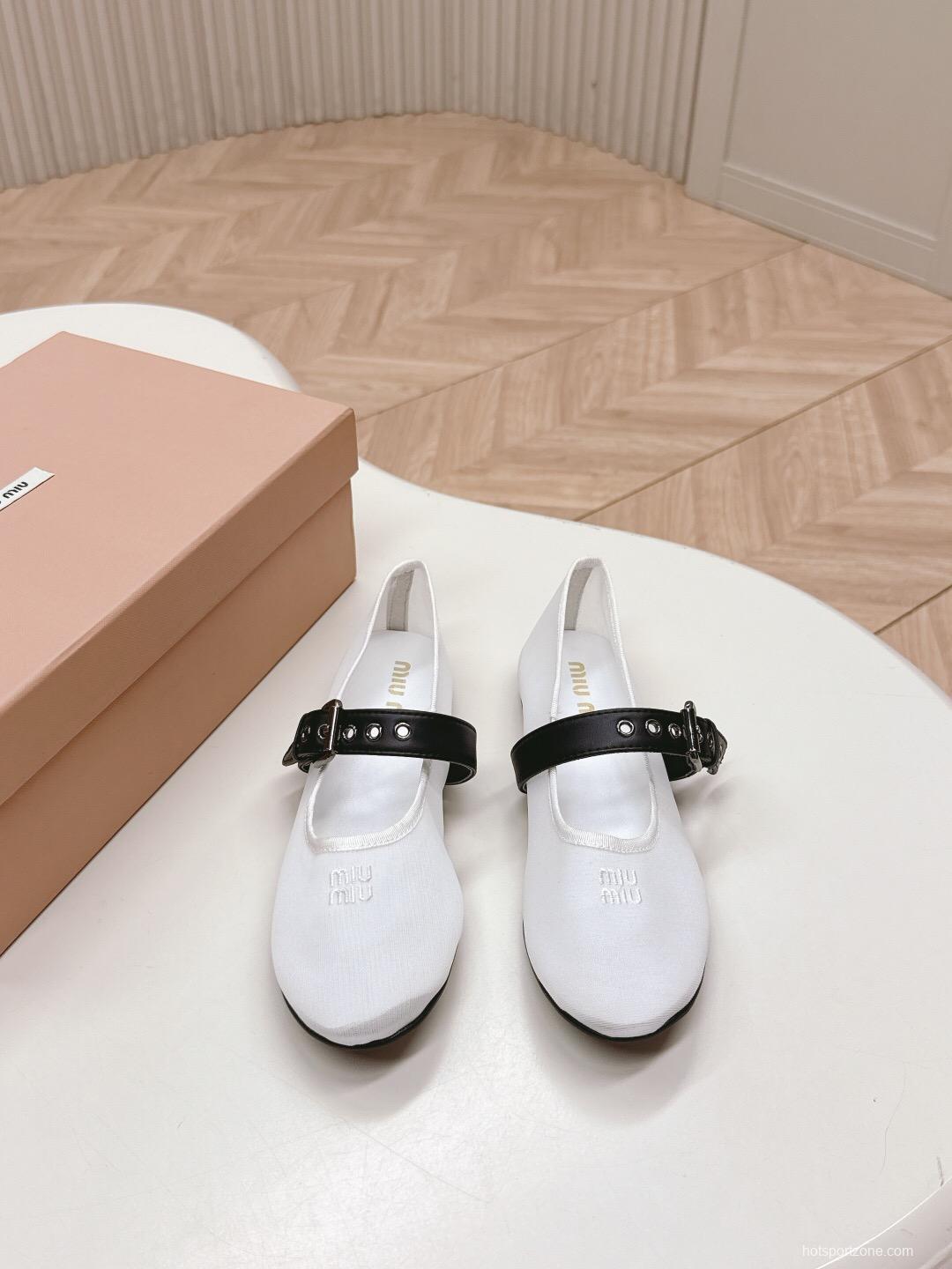 2025 Women Miu Miu White Black Mesh Leather Ballet Flats