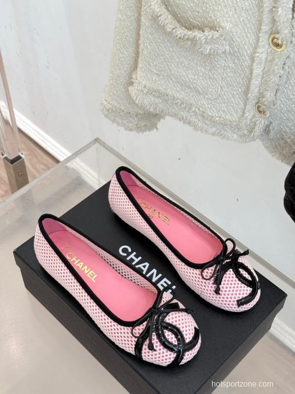 2025 Women Chanel Pink Black Mesh Ballet Flats KFY00260