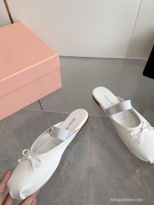 2025 Women Miumiu White Satin Ballet Flats Elastic Band KFY00280