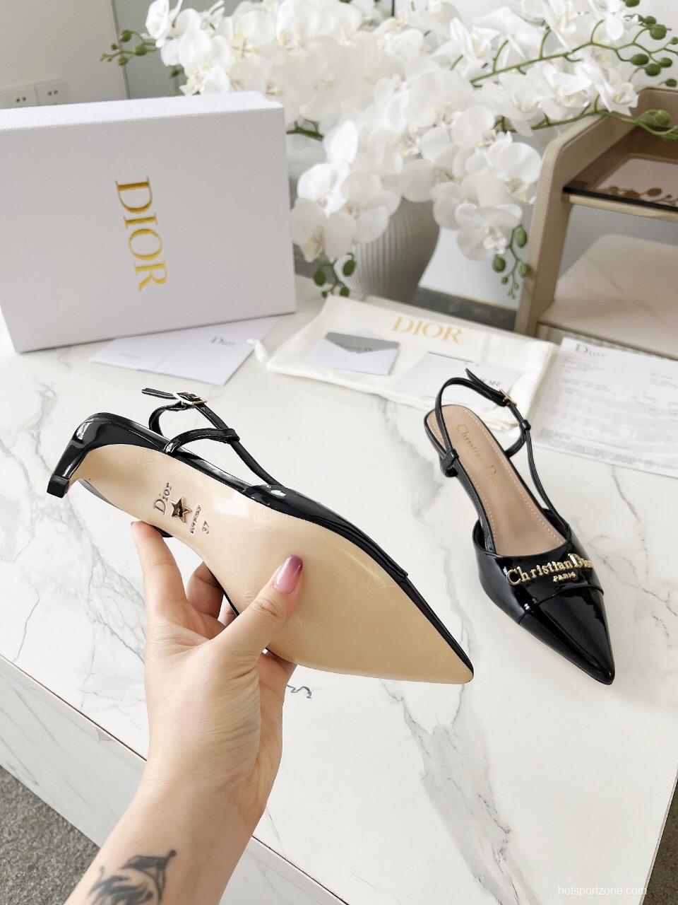 2025 Women Dior Black Patent Leather Slingback Heels KFY00310