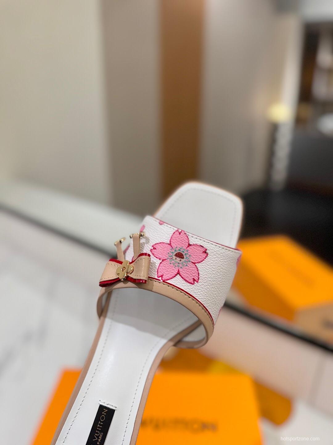 2025 Women LV White Pink Leather Floral Sandals