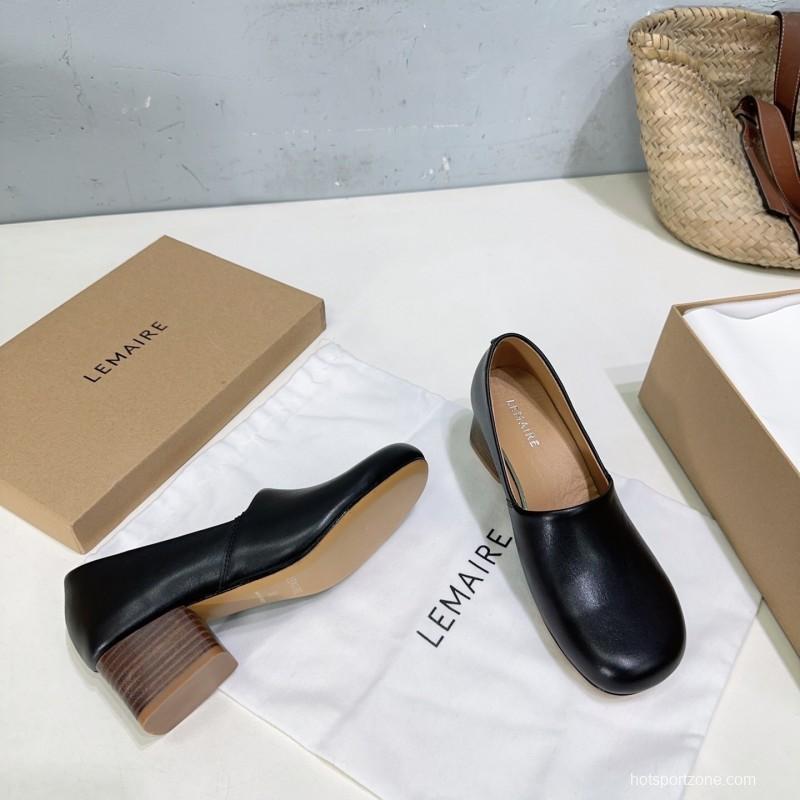 2025 Women LEMAIRE Black Leather Block Heel Shoes