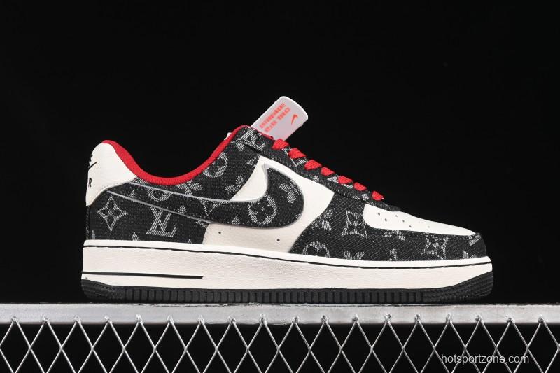 Nike Air Force 1 '07 Low LV Collaboration Black Denim Red Swoosh Casual Sneakers - LW9279-001