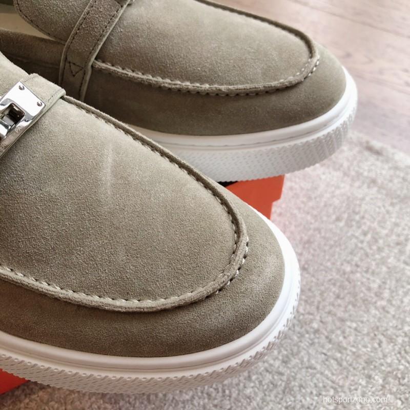 2025 Unisex Hermès Khaki Suede Leather Loafers AS00380