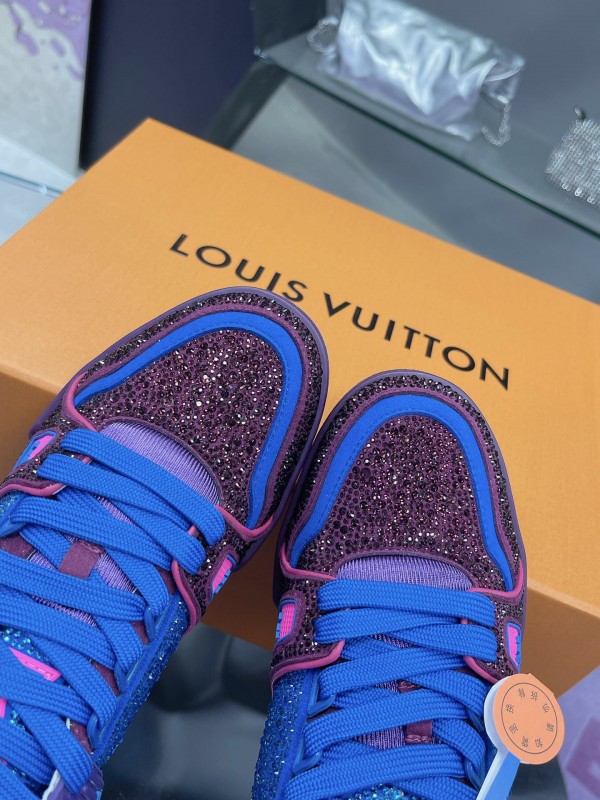 2025 Women Louis Vuitton Blue Purple Leather Fabric Plimsolls Handcrafted Rhinestones AS00400