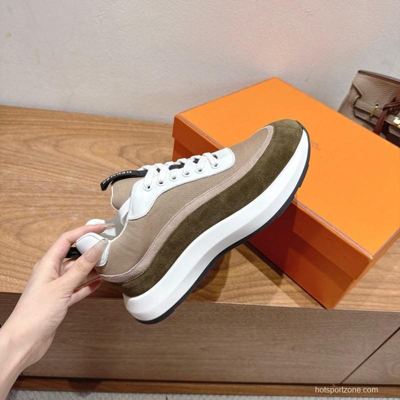 2025 Unisex HERMES White Beige Khaki Fabric Leather Sneakers AS00400