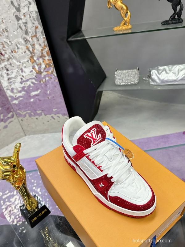 2025 Unisex Louis Vuitton Red White Leather Fabric Plimsolls Handmade Rhinestone AS00400