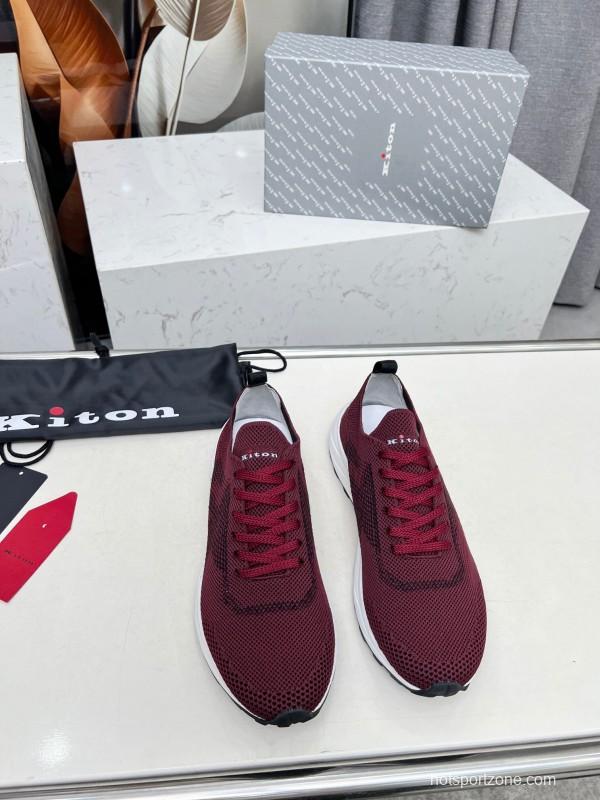 2025 Unisex Kiton Burgundy Knit Casual Sneakers Lightweight Rubber Sole AS00320