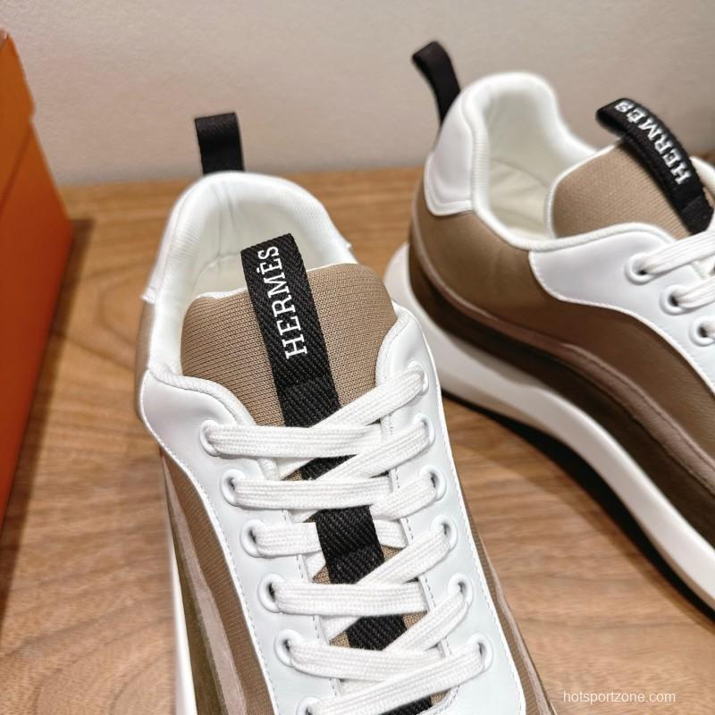 2025 Unisex HERMES White Beige Khaki Fabric Leather Sneakers AS00400