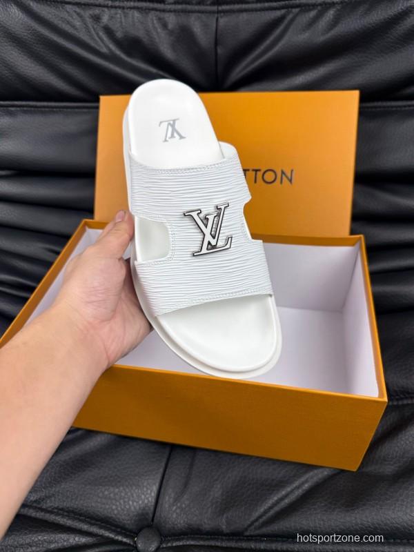 2025 Men Louis Vuitton White Leather Slippers AS00170
