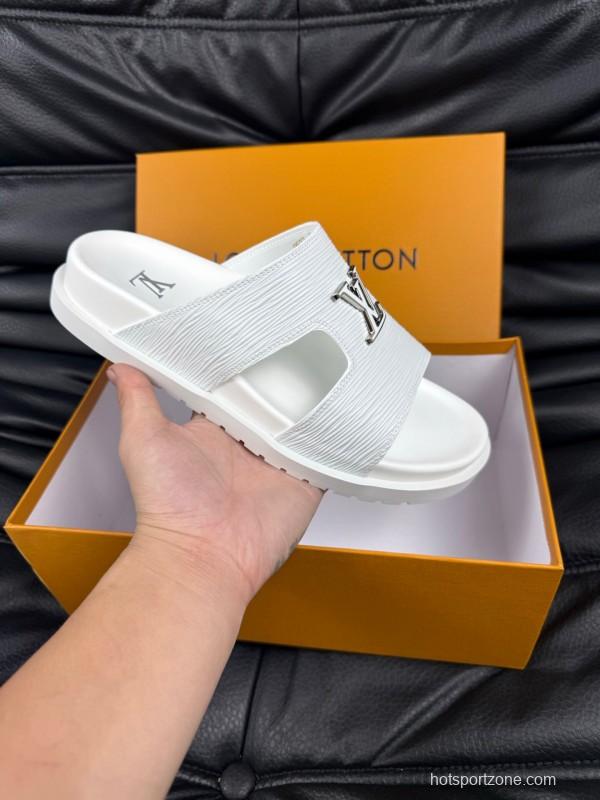 2025 Men Louis Vuitton White Leather Slippers AS00170