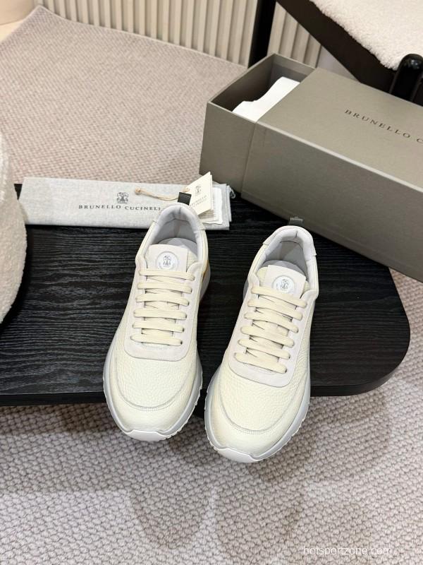 2025 Men Brunello Cucinelli Black Ivory Blue Almond Calfskin Leather Sneakers AS00320