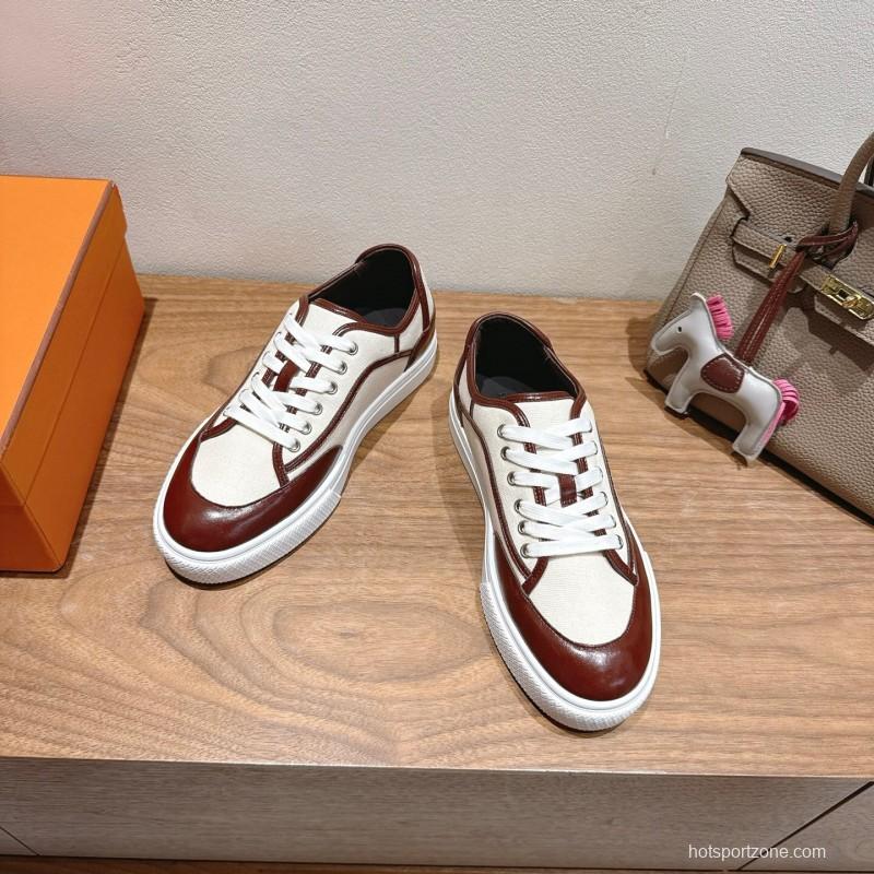 2025 Unisex Hermes Brown White Fabric Leather Sneakers AS00380