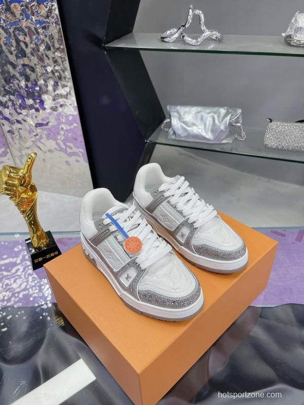 2025 Unisex Louis Vuitton White Silver Leather Fabric Plimsolls Handcrafted Crystals AS00400