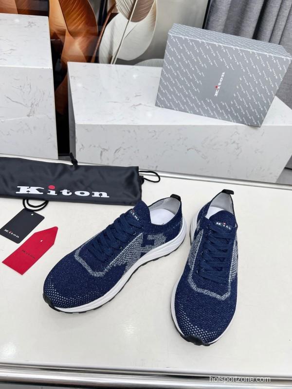2025 Unisex Kiton Blue White Knit Sneakers AS00320