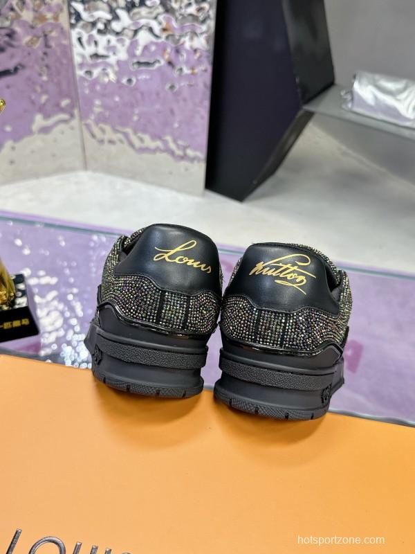 2025 Unisex Louis Vuitton Black Handmade Rhinestone Leather Fabric Plimsolls LV Trainer AS00400