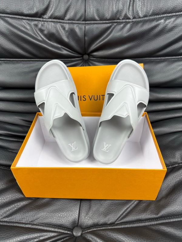 2025 Men Louis Vuitton White Leather Slippers AS00180