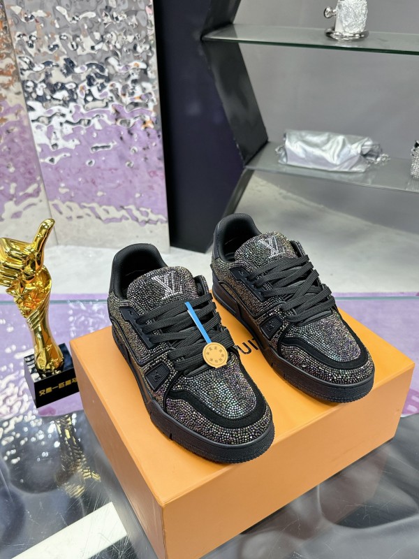 2025 Unisex Louis Vuitton Black Handmade Rhinestone Leather Fabric Plimsolls LV Trainer AS00400