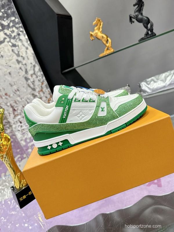 2025 Unisex Louis Vuitton Green White Leather Canvas Plimsolls Handcrafted Diamonds AS00400