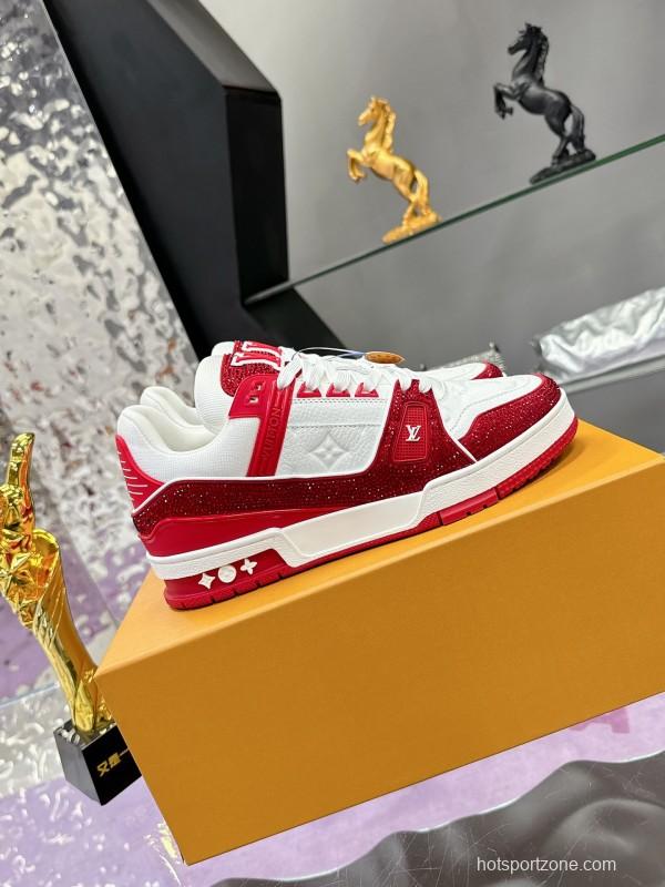 2025 Unisex Louis Vuitton Red White Leather Fabric Plimsolls Handmade Rhinestone AS00400