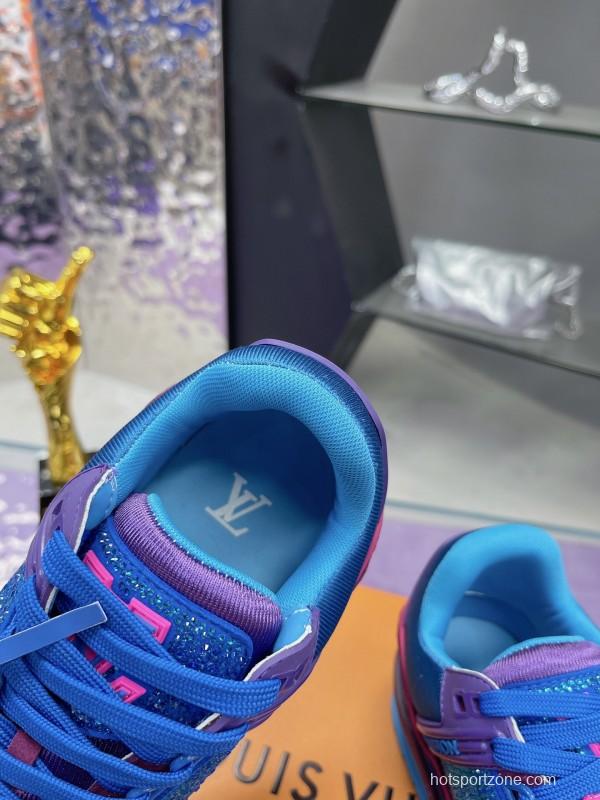 2025 Women Louis Vuitton Blue Purple Leather Fabric Plimsolls Handcrafted Rhinestones AS00400