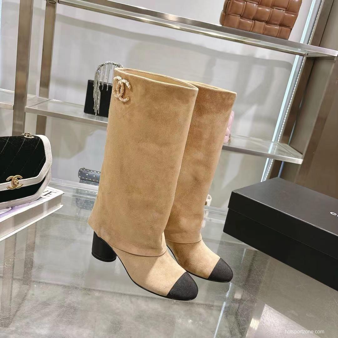 Chanel 2025/SS Small Fragrance Autumn Winter Runway Turned-Cuff Block Heel Straight Tube Boots Classic Color Block - LY00510