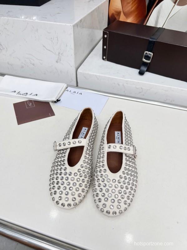 Alaia 2025/SS Crystal-Studded Ballet Flats with Built-in 0.8CM Height Increase - LY00340