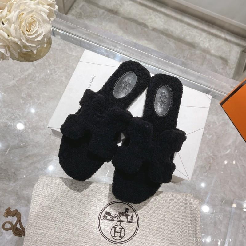 H Teddy Wool H Slippers Flat Sole Autumn Winter - LY00240
