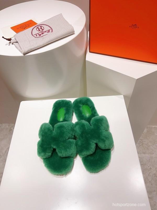 Hermès Teddy Wool H Slippers Flat Fur Slides - LY00240