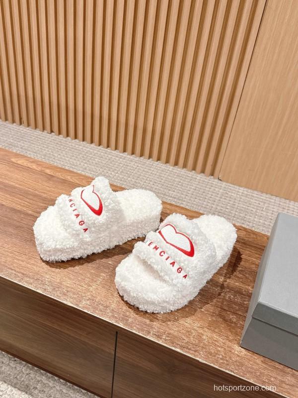 Balenciaga 2025 SS Qixi Limited Series Letter Embroidery Platform Shearling Slippers - AS00200