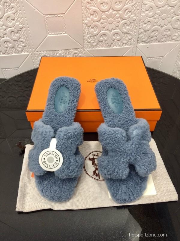 H Teddy Wool H Slippers Flat Sole Autumn Winter - LY00240