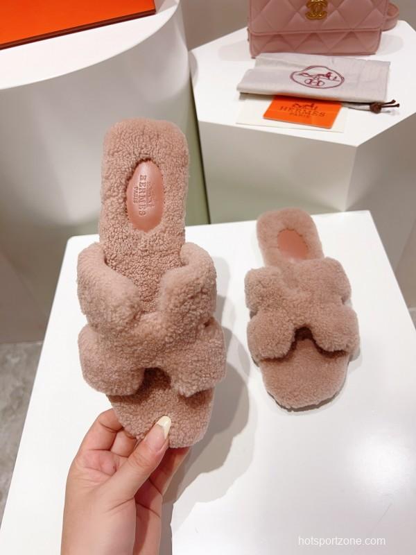 H Teddy Wool H Slippers Flat Sole Winter Edition - LY00240