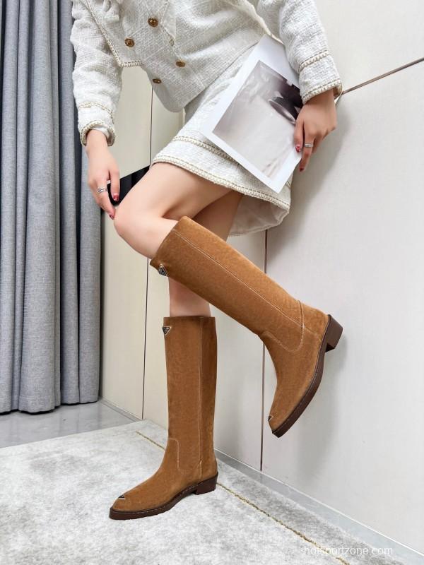 Prada Classic Triangle Logo Pointed Toe Boots - LY00400