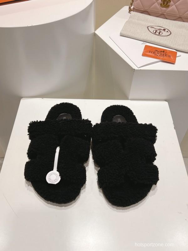 H Full Straight Hair Particle Fur Slippers - LY00300