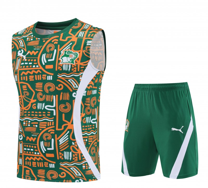 25/26 Côte d'Ivoire Green Tribal Print Sleeveless Training Vest +Shorts Set