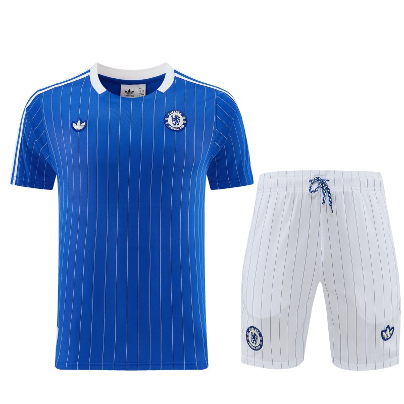 26/27 Chelsea FC  Blue  Stripes Short Sleeve+ White Soccer Shorts